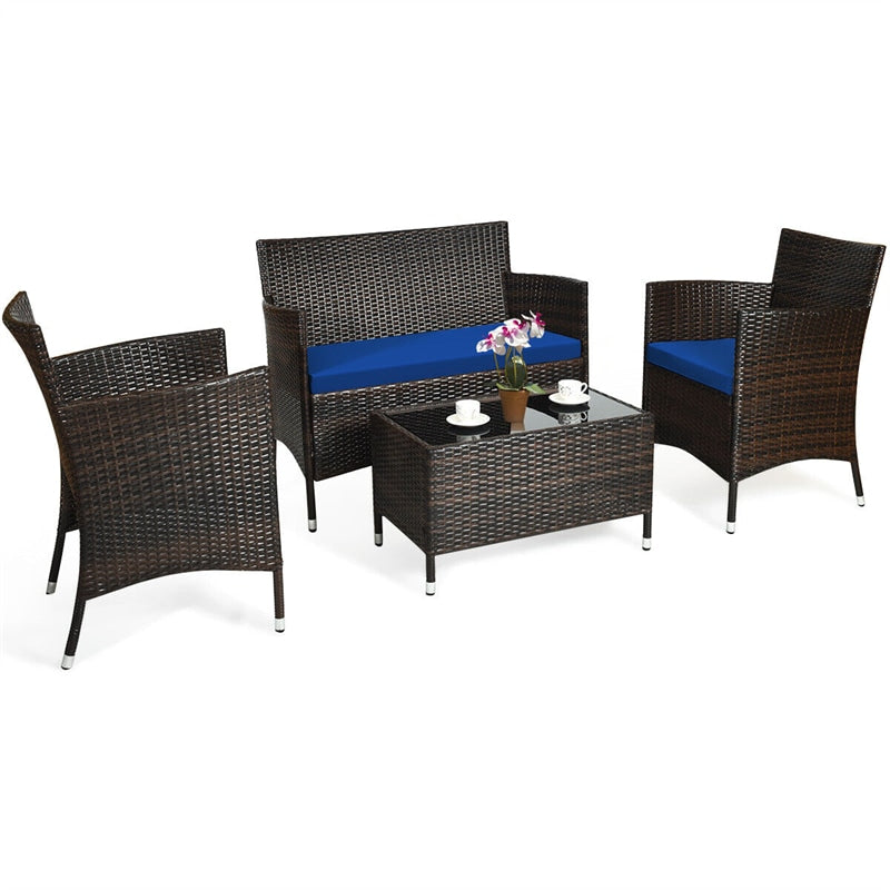 4 Pcs Outdoor Rattan Patio Conversation Set Wicker Furniture Set with Coffee Table and Cushion Sofas