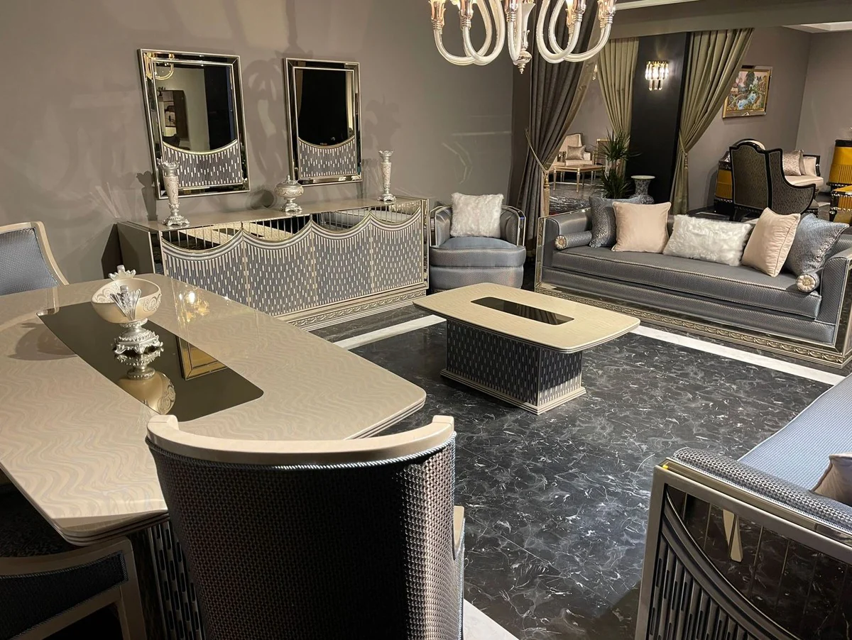 Luxury Art Deco Living Room Set Light Blue / Silver / Cream - 2 Art Deco Sofas & 2 Art Deco Armchairs & 1 Art Deco Coffee Table - Living Room Furniture - Art Deco Furniture - Luxury Furniture