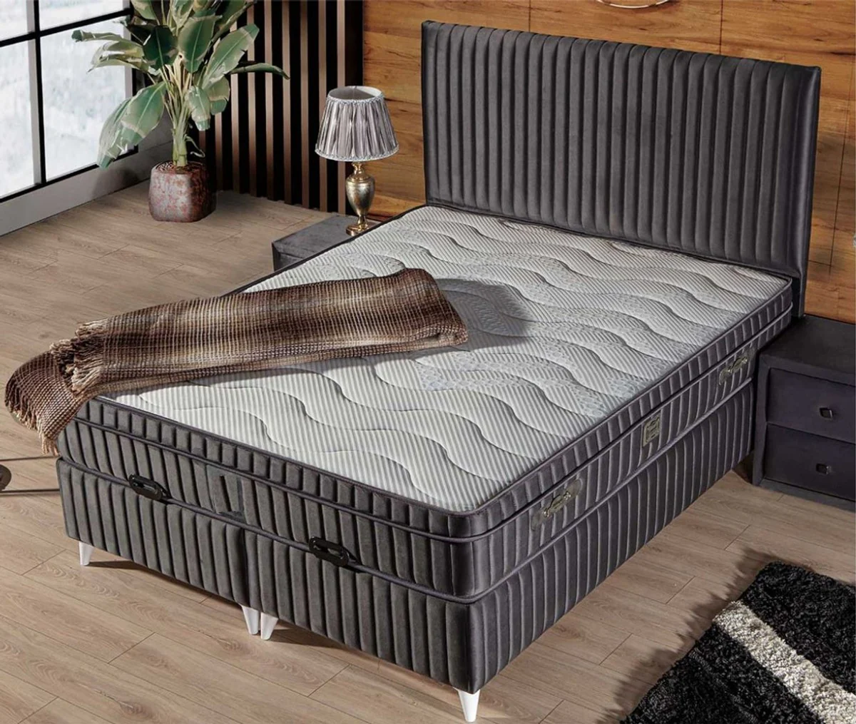 Luxury double bed with mattress gray / white 180 x 200 cm - bedroom furniture