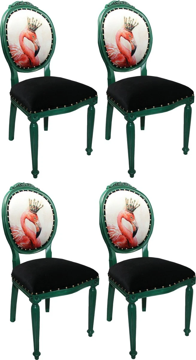 Luxury baroque dining room set flamingo with crown green / black / multicolored 48 x 50 x H. 98 cm - 4 handmade dining chairs with bling bling glitter stones - baroque dining room furniture