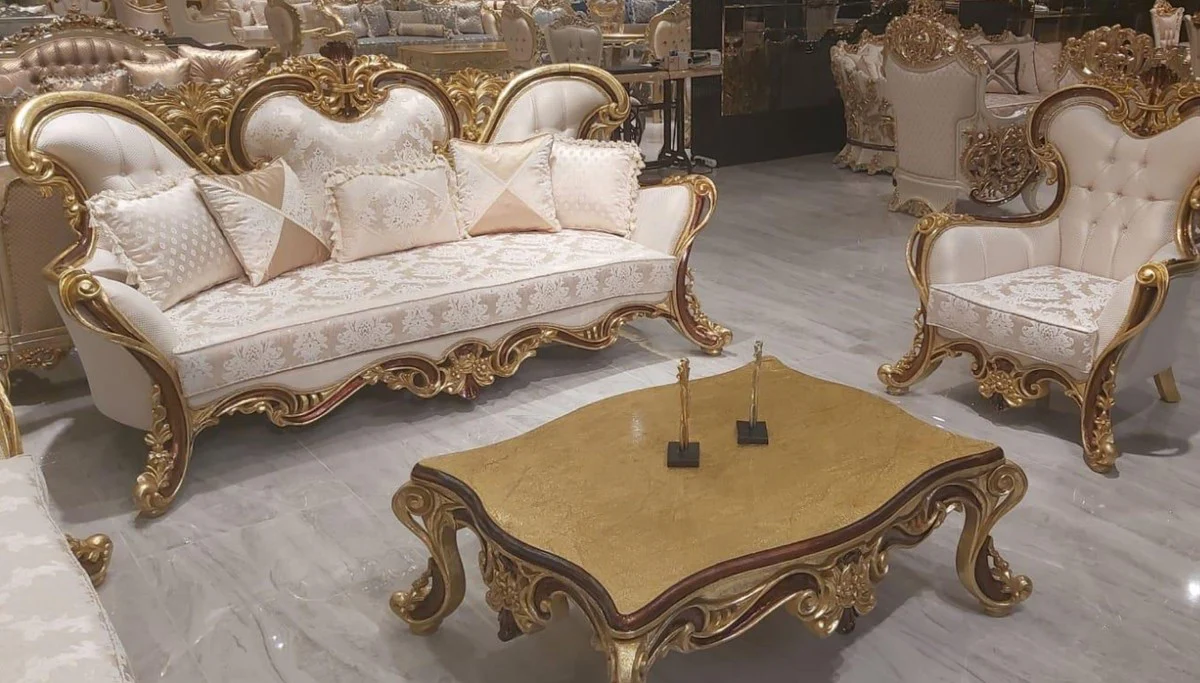 Luxus Barock Wohnzimmer Set Cremefarben / Braun / Gold - 2 Barock Sofas & 2 Barock Sessel & 1 Barock Couchtisch - Barock Wohnzimmer Möbel