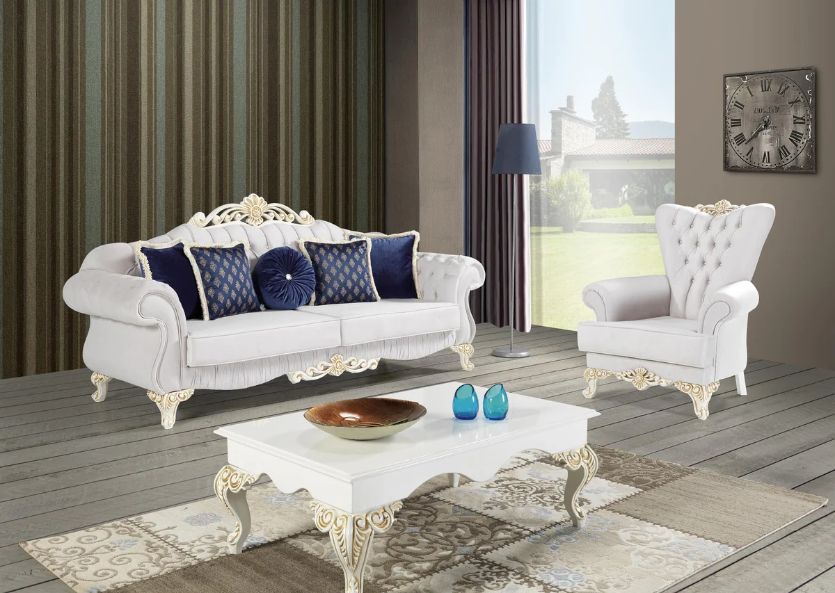 Baroque sofa light gray / white / gold 235 x 85 x H. 112 cm - Noble living room sofa with glittering stones - Baroque furniture
