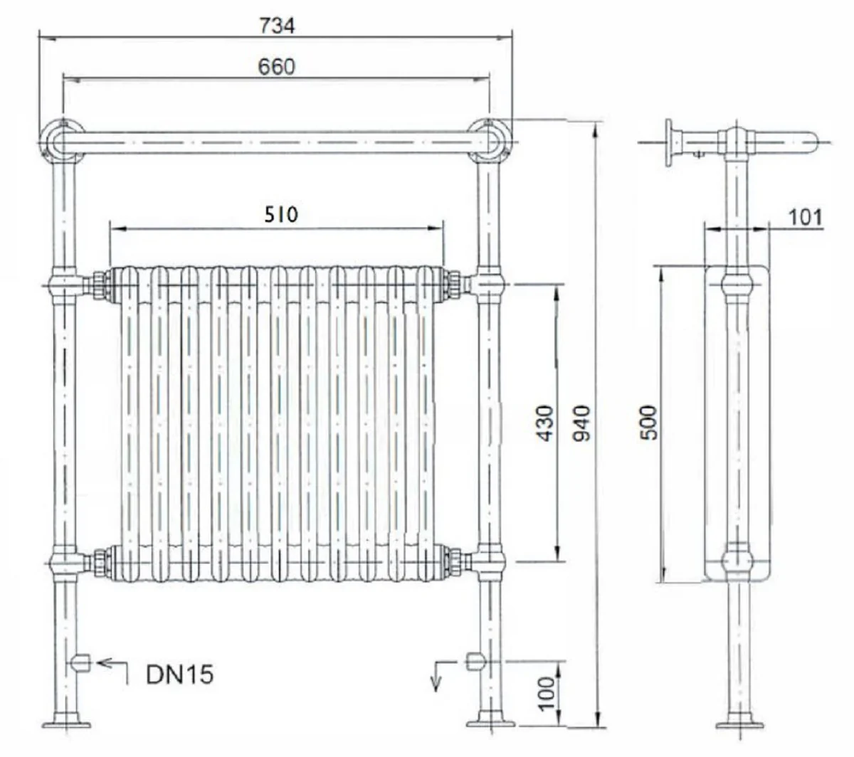Luxury bathroom heater white / chrome 734 x H. 940 mm - towel radiator - vintage bathroom radiator towel holder