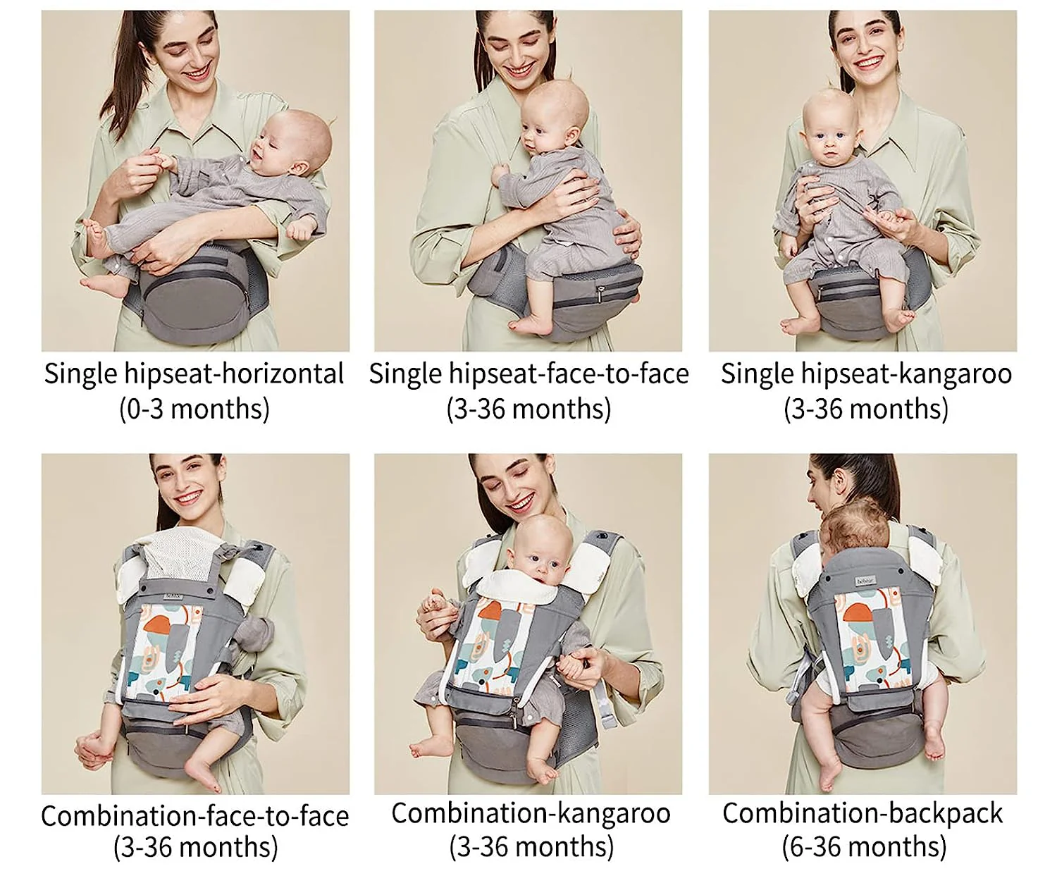 Babytrage für Neugeborene bis Kleinkinder, Baby-Hüfttrage mit Kopfhaube, Taillenverlängerung und 3 Beißpolstern (grau)