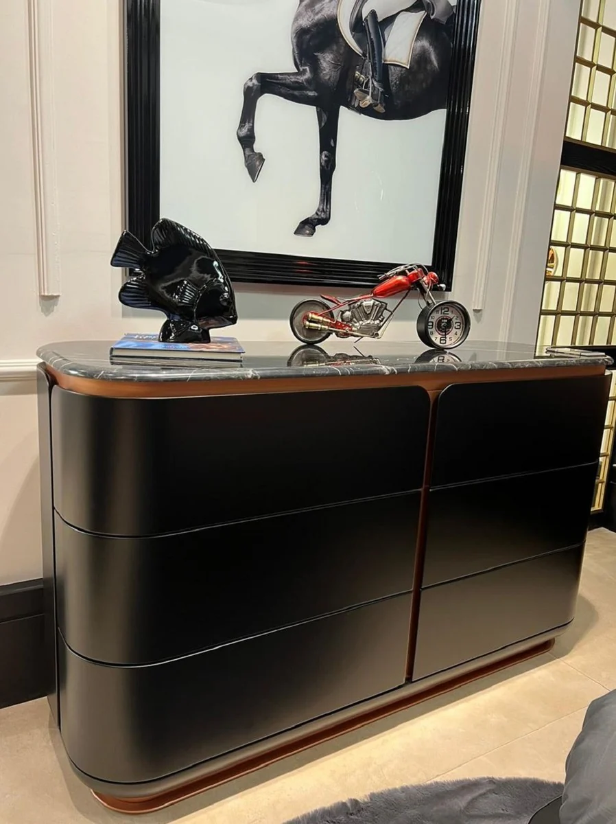 Luxury solid wood chest of drawers with 6 drawers black / copper 150 x 50 x H. 90 cm - Bedroom chest of drawers - Bedroom furniture - Luxury furniture - Luxury furnishings - Furniture luxury