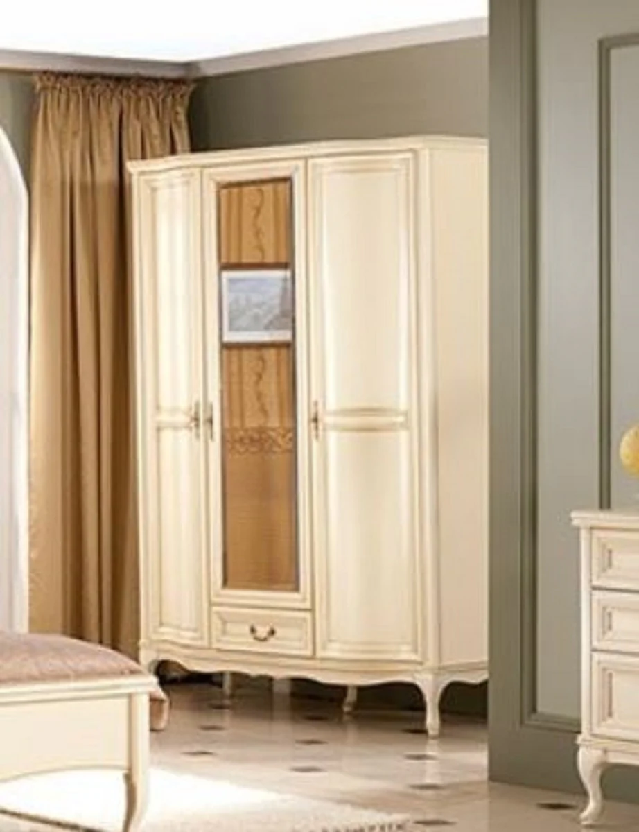 Luxury Art Nouveau bedroom wardrobe cream colored 147.8 x 63.5 x H. 206 cm - solid wood wardrobe with 3 doors and drawer - Baroque & Art Nouveau bedroom furniture
