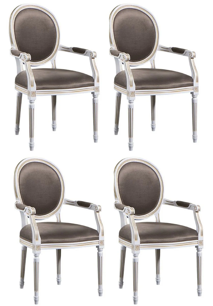 Luxury baroque dining room set white / gold / gray 59 x 43.5 x H. 98 cm - 4 dining room chairs with armrests - dining room furniture