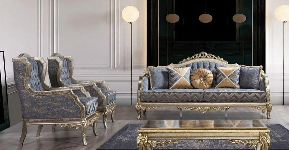 Luxus Barock Wohnzimmer Set Blau / Silber / Gold - 2 Barock Sofas mit Muster & 2 Barock Sessel mit Muster & 1 Barock Couchtisch - Barock Wohnzimmer Möbel