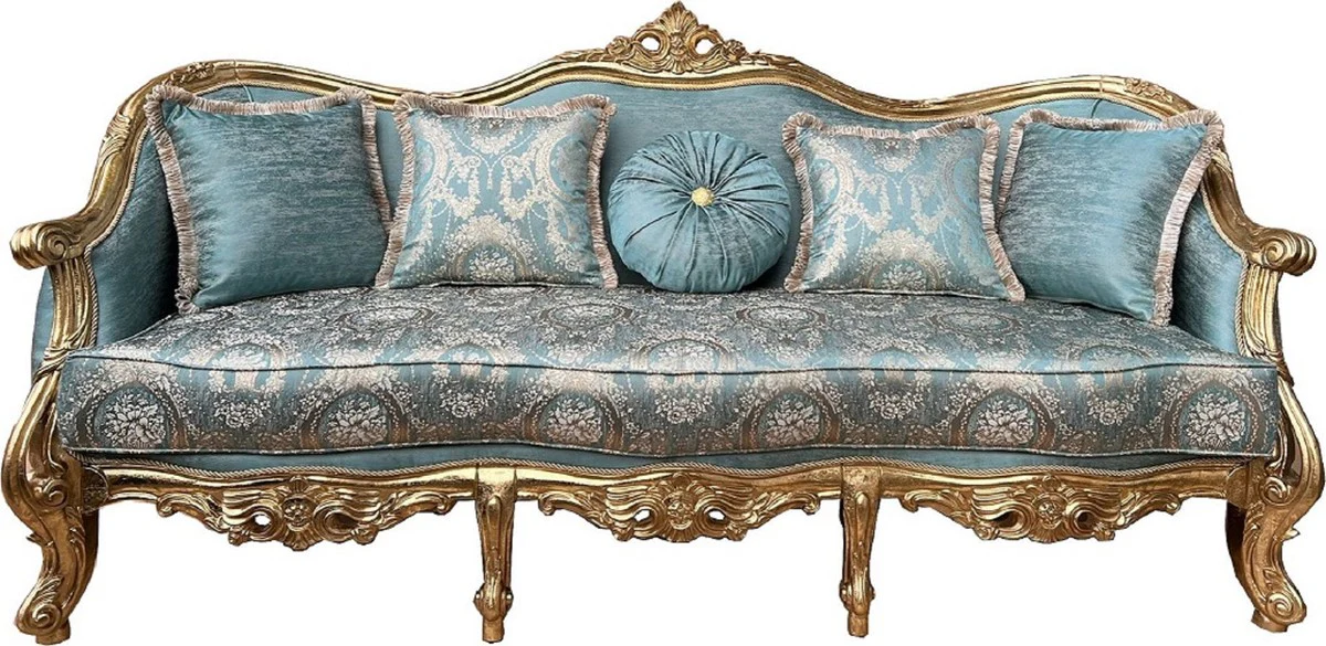 Luxus Barock Wohnzimmer Set Türkis Muster / Gold - 2 Barock Sofas & 2 Barock Sessel & 1 Barock Couchtisch - Luxus Wohnzimmer Möbel im Barockstil - Barock Möbel - Edel & Prunkvoll