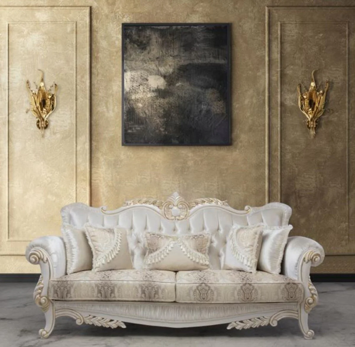 Luxury Baroque sofa with decorative pillows multicolored / white / gold 237 x 81 x H. 115 cm - Baroque living room furniture