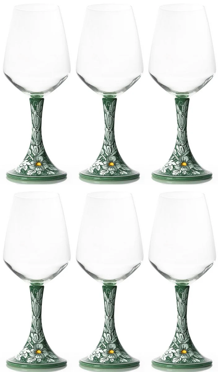 Luxury Ceramic Wine Glass Set of 6 Green / Multicolored H. 23.5 cm - Handmade & Hand-Painted Wine Glasses - Hotel & Restaurant Accessories - Luxury Quality - Made in Italy