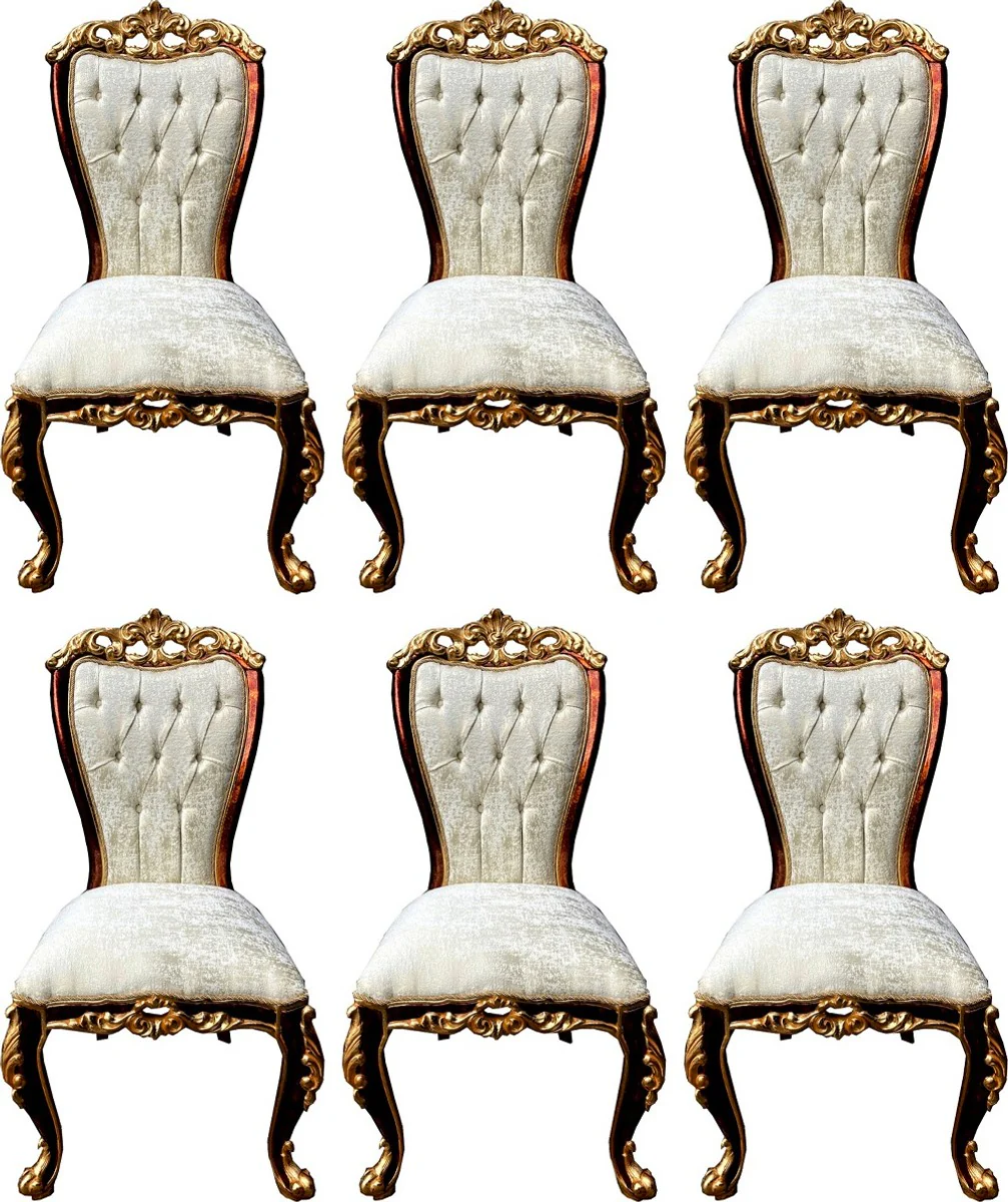 Luxury Baroque Dining Room Chair Set Cream / Brown / Gold - 6 Handmade Kitchen Chairs in Baroque Style - Baroque Dining Room Furniture - Noble & Magnificent