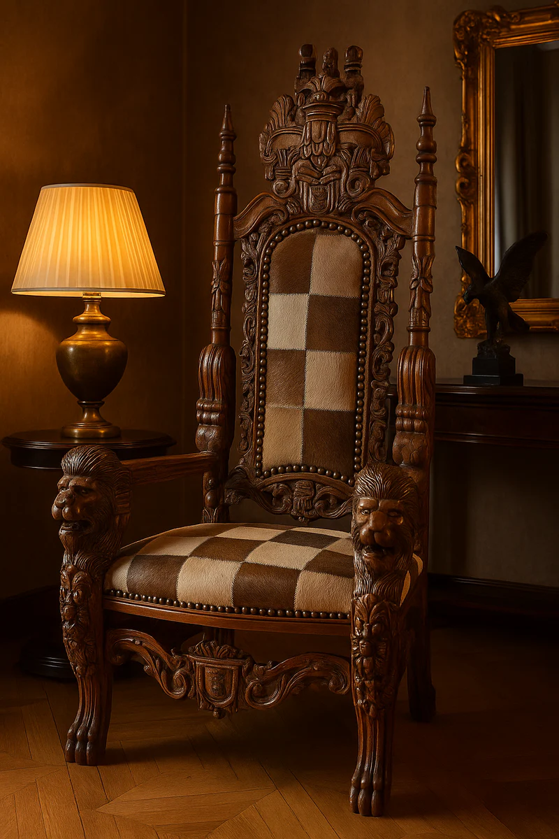 Barock Thron Sessel mit echtem Fell Mehrfarbig / Braun - Handgefertigter Königssessel - Hochzeitssessel - Riesensessel - Barock Möbel - Edel & Prunkvoll