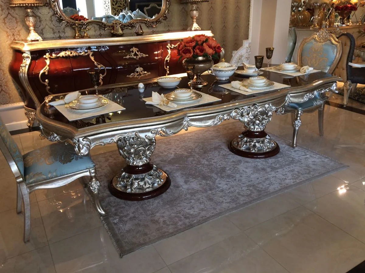 Luxury baroque dining room chair light blue / beige / silver - magnificent solid wood kitchen chair with elegant pattern - baroque dining room furniture