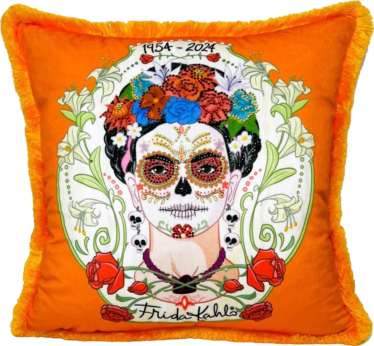 Frida Kahlo by Luxury Decorative Cushion with Rhinestones Orange / Colorful