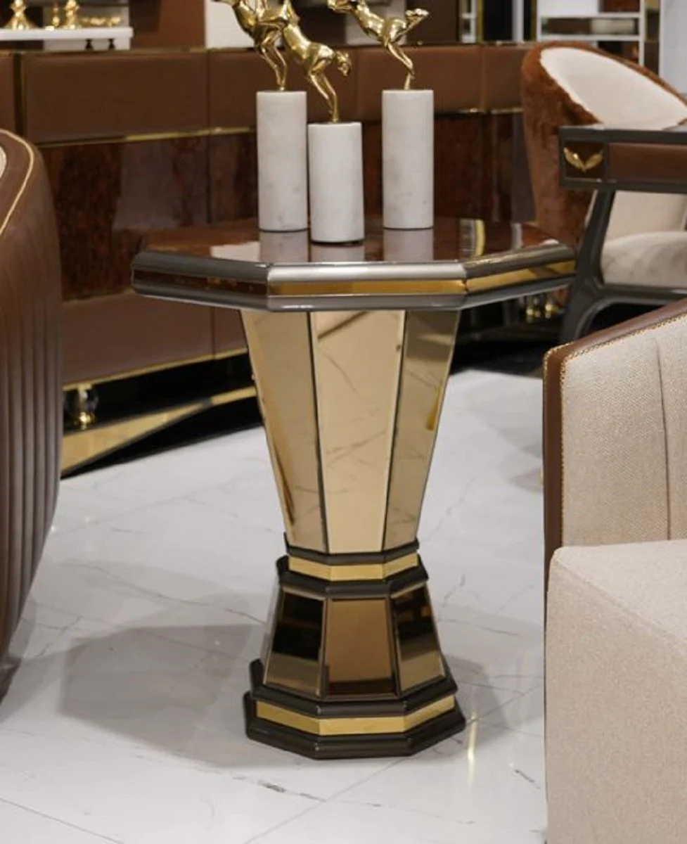 Luxury side table brown / gray / gold - mirrored 8-sided solid wood table - living room furniture - living room furnishings - luxury furniture - luxury furnishings - luxury quality