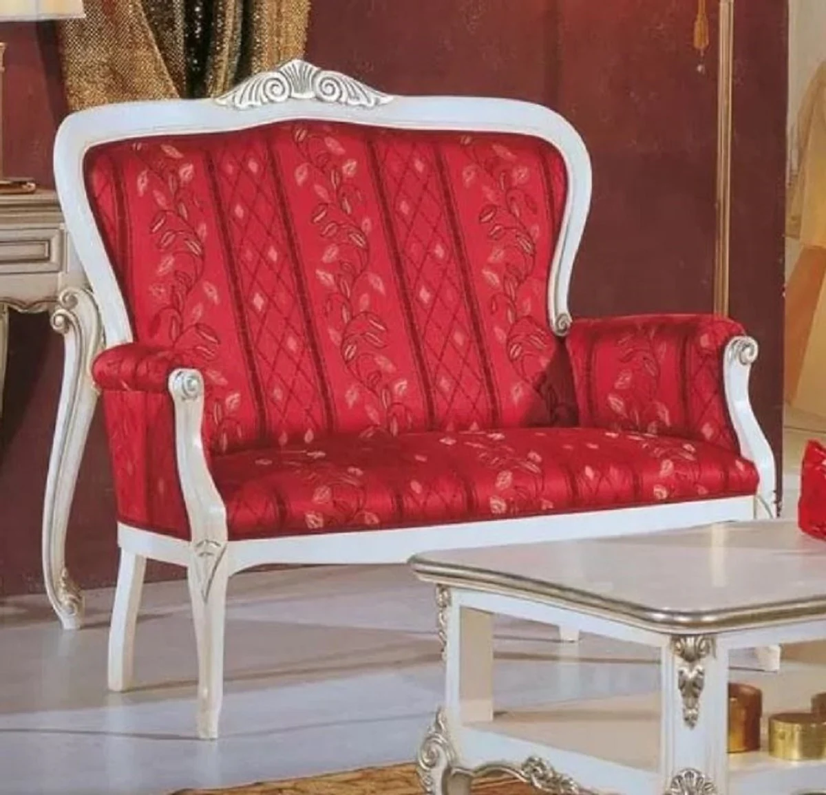 Luxury Baroque Sofa Red / White / Silver - Noble living room sofa with elegant pattern - Baroque furniture - Luxury quality - Made in Italy