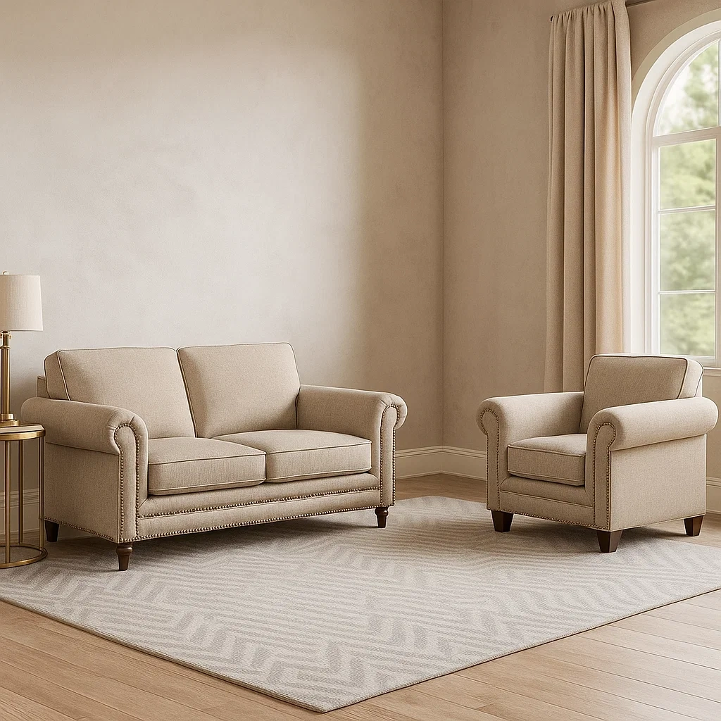 Sofagarnitur, 2-Sitzer und 1 Sessel, Holzgestell, Schaumstoffkissen, bezogen mit beigefarbenem Stoff, für Wohnzimmer, Sofamaße 150 x 85 x 90 cm, Sesselmaße 80 x 85 x 90 cm - CJTPPzOYlAjO