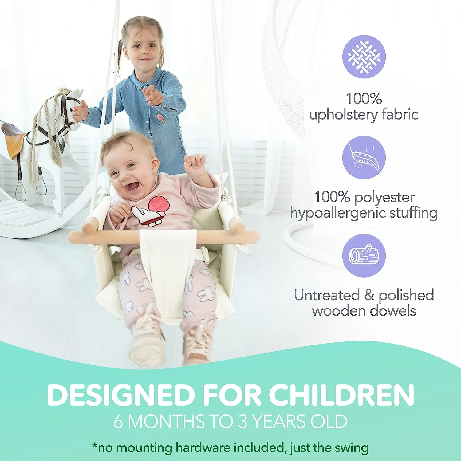 Babyschaukel aus Segeltuch, hängender Schaukelsitz aus Holz mit Sicherheitsgurt, langlebiger Baby-Hängemattenstuhl, Außen- und Innenschaukel für Kinder, Montagezubehör im Lieferumfang enthalten, Elfenbeinfarben