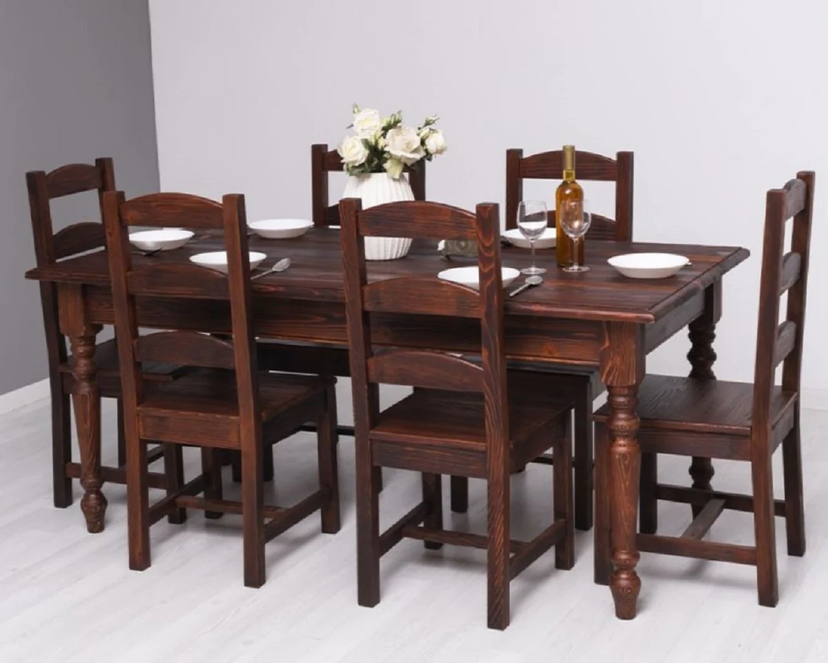 Country Style Dining Room Furniture Set Dark Brown - 1 Country Style Dining Table & 6 Country Style Dining Chairs - Solid Wood Dining Room Furniture - Country Style Dining Room Furniture