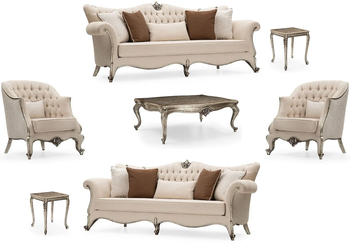 Luxus Barock Wohnzimmer Set Creme / Silber / Antik Silber - 2 Sofas & 2 Sessel & 1 Couchtisch & 2 Beistelltische - Handgefertigte Wohnzimmer Möbel im Barockstil - Edel & Prunkvoll