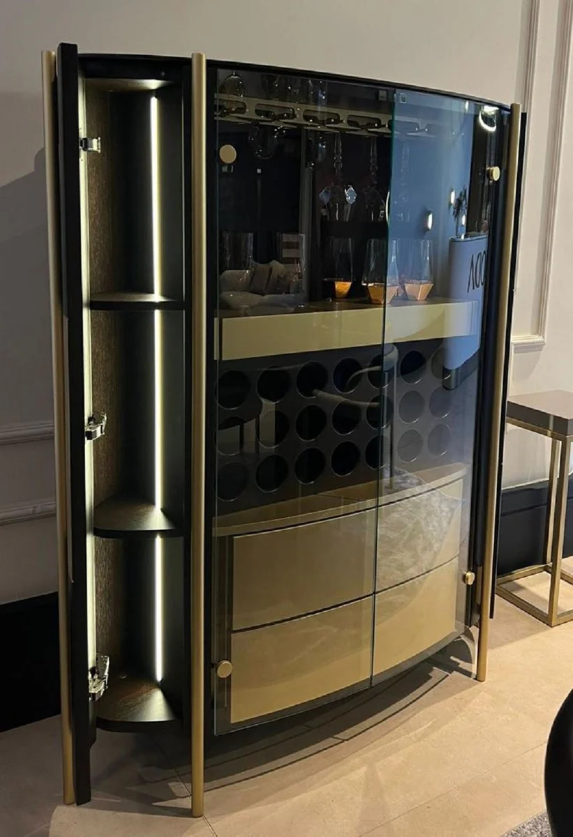 Luxury bar cabinet dark brown / brass 128 x 47 x H. 150 cm - Illuminated solid wood wine cabinet with 4 doors - Living room furniture - Bar furniture - Hotel furniture - Luxury collection