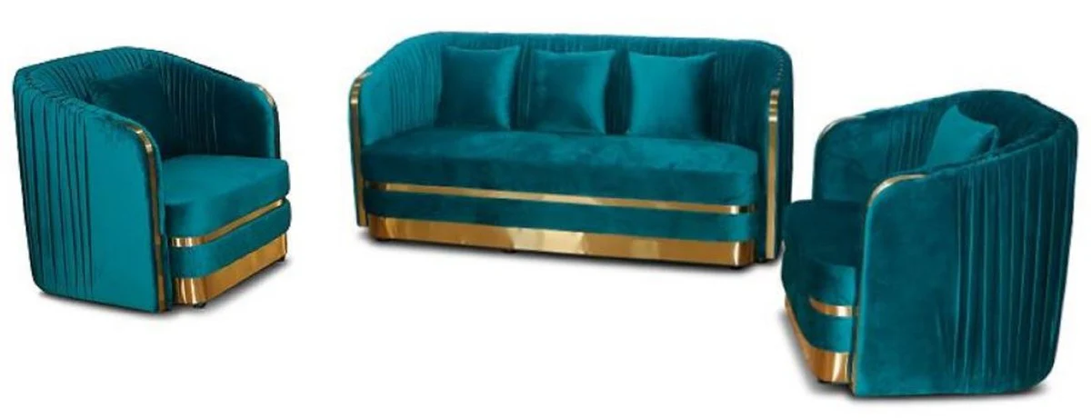 Art Deco velvet sofa green blue / gold 180 x 78 x H. 80 cm - Living room sofa - Art Deco living room furniture