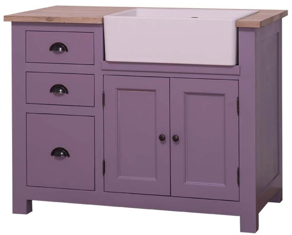 Country house style sink cabinet with 2 doors and 3 drawers purple / natural color 118 x 65 x H. 90 cm - country house style sink table