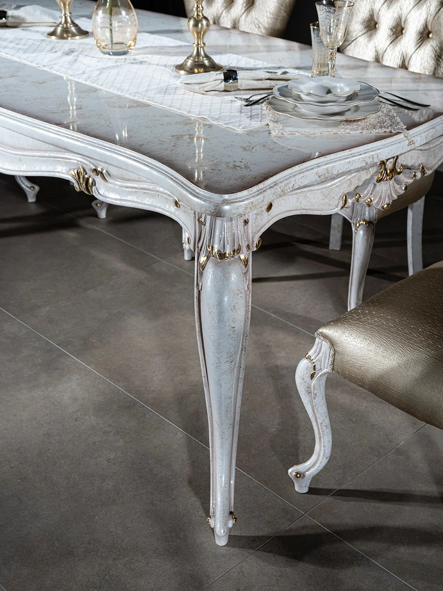 Luxury baroque dining table antique white / gold 201 x 102 x H. 80 cm - solid wood kitchen table - dining room table - dining room furniture in the baroque style