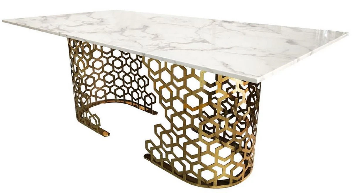 Luxury dining table white / gold 200 x 100 x H. 76 cm - Dining room table with artificial marble table top - Dining room furniture - Luxury furniture - Luxury furnishings