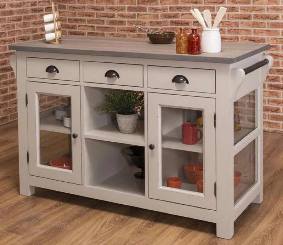 Country house style kitchen island gray 135 x 65 x H. 90 cm - solid wood kitchen cabinet - country house style solid wood kitchen furniture - solid wood dining room furniture in country house style