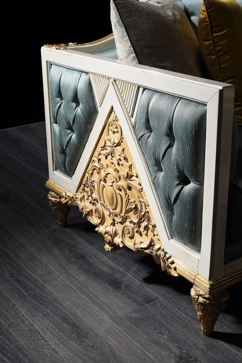Luxury baroque sofa turquoise / white / gold 256 x 89 x H. 90 cm - Magnificent Chesterfield living room sofa in the baroque style