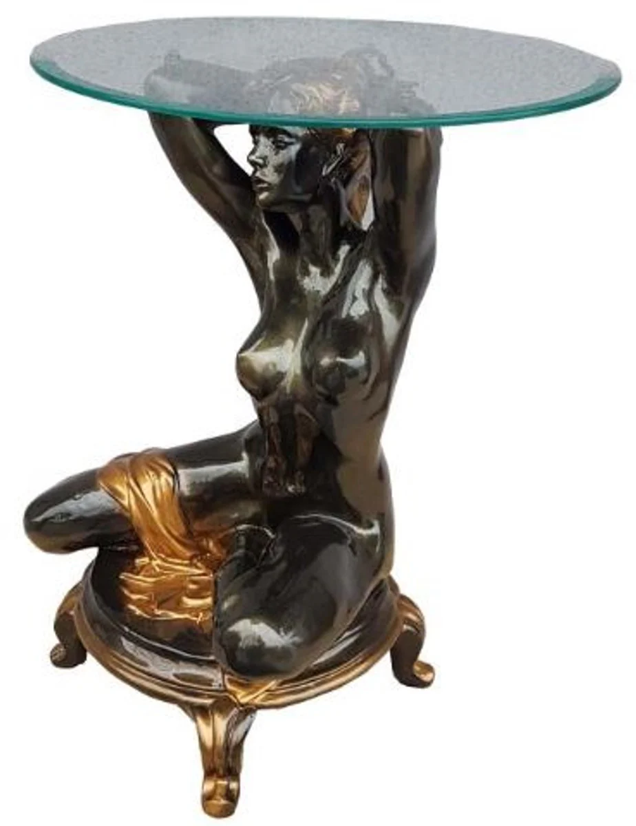 Art Nouveau side table kneeling woman black / gold Ø 45 x H. 63.5 cm - Elegant table with round glass top - Living room furniture