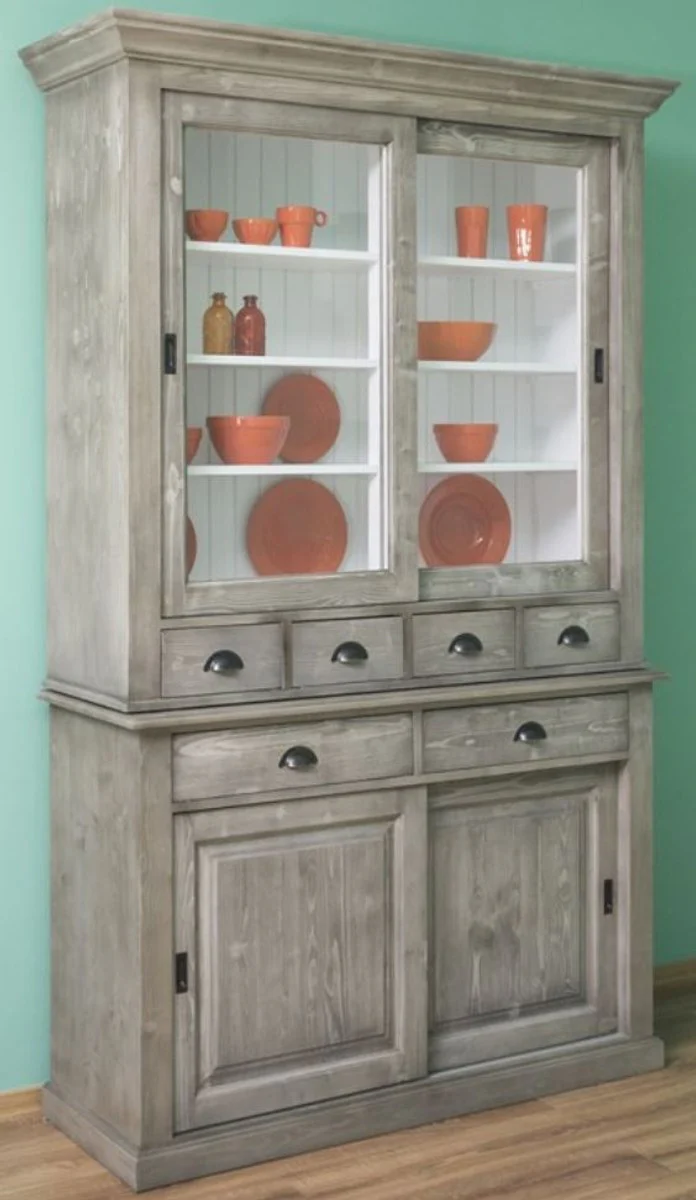 Country house style kitchen cabinet gray / white 142 x 48 x H. 225 cm - 2-part cabinet with 4 sliding doors and 6 drawers - country house style kitchen furniture