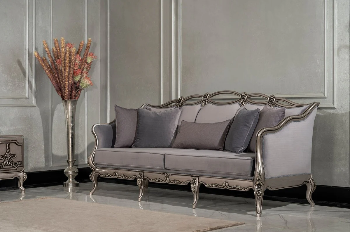 Luxury Baroque Living Room Sofa Gray / Silver - Handmade Baroque Style Sofa with Decorative Pillows - Luxury Living Room Furniture in Baroque Style - Baroque Furniture - Noble & Magnificent