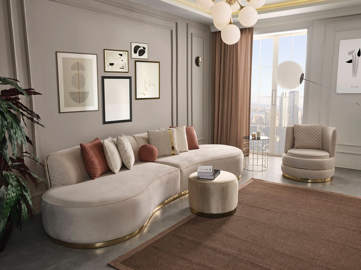 Luxury velvet 4 seater sofa cream / gold 330 x 120 x H. 76 cm - living room sofa with elegant velvet fabric - living room furniture - luxury furniture - living room furnishings - luxury furnishings