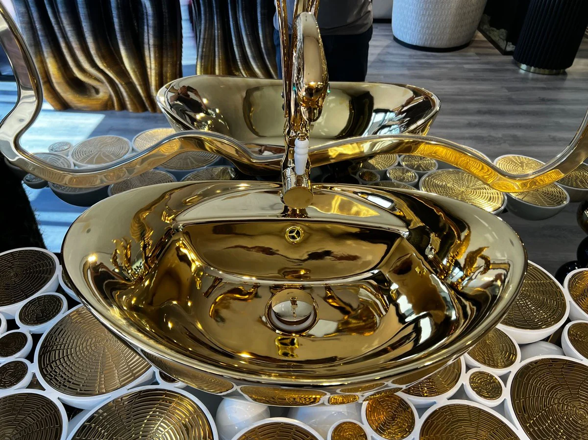 Luxury designer bathroom set white / gold 150 x 58 x H. 70 cm - 1 washbasin with sink and fitting - bathroom furniture - luxury furniture - designer furniture