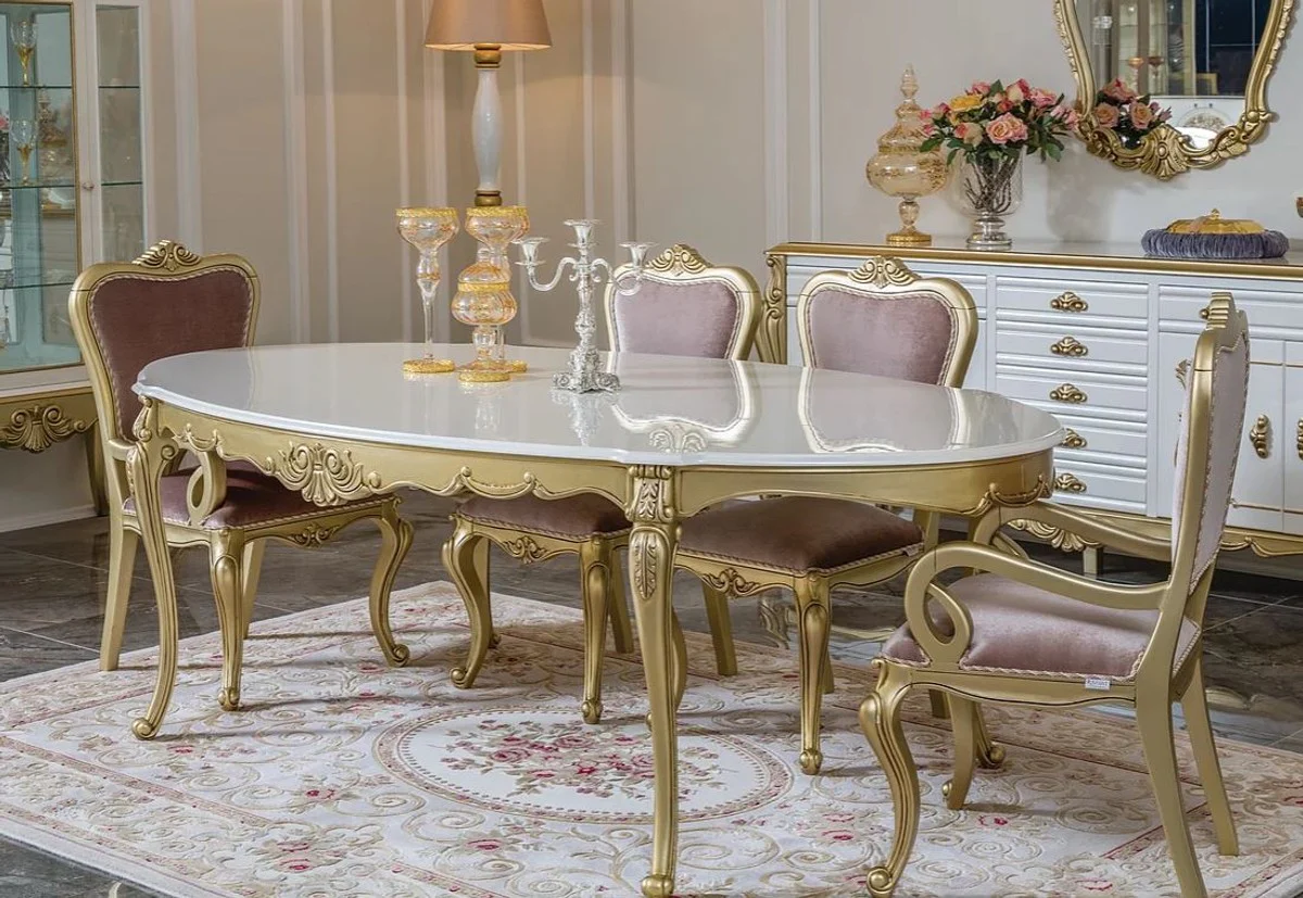 Luxury baroque dining room set pink / white / gold - 1 oval dining table & 6 dining chairs - magnificent dining room furniture in the baroque style
