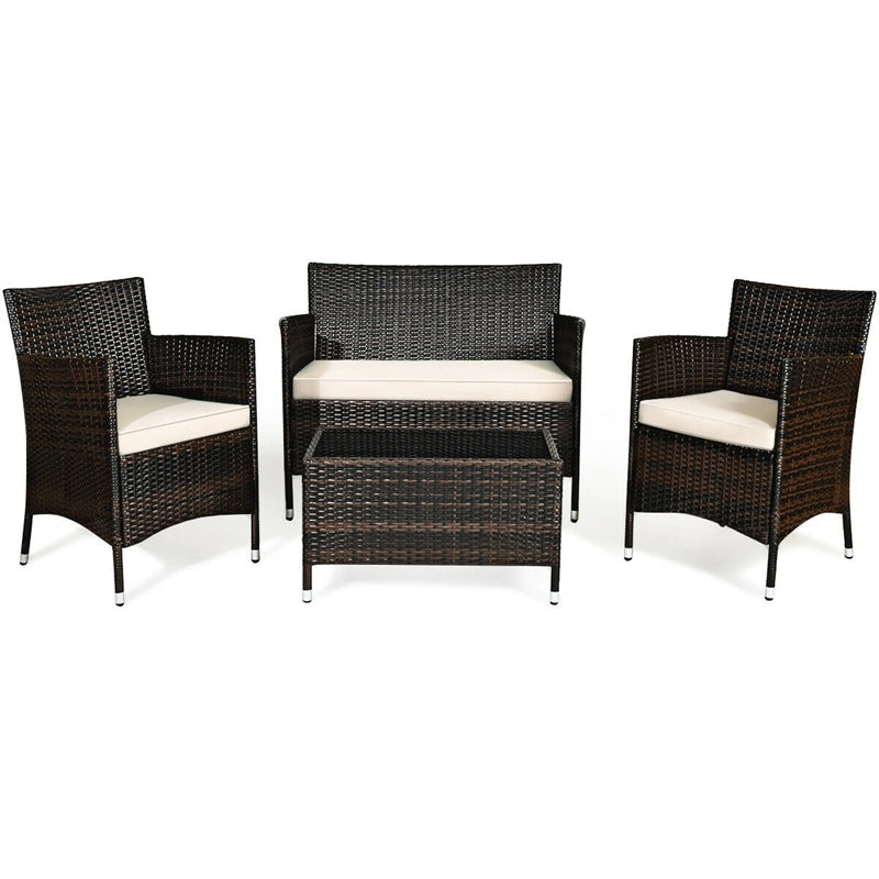 4 Pcs Outdoor Rattan Patio Conversation Set Wicker Furniture Set with Coffee Table and Cushion Sofas