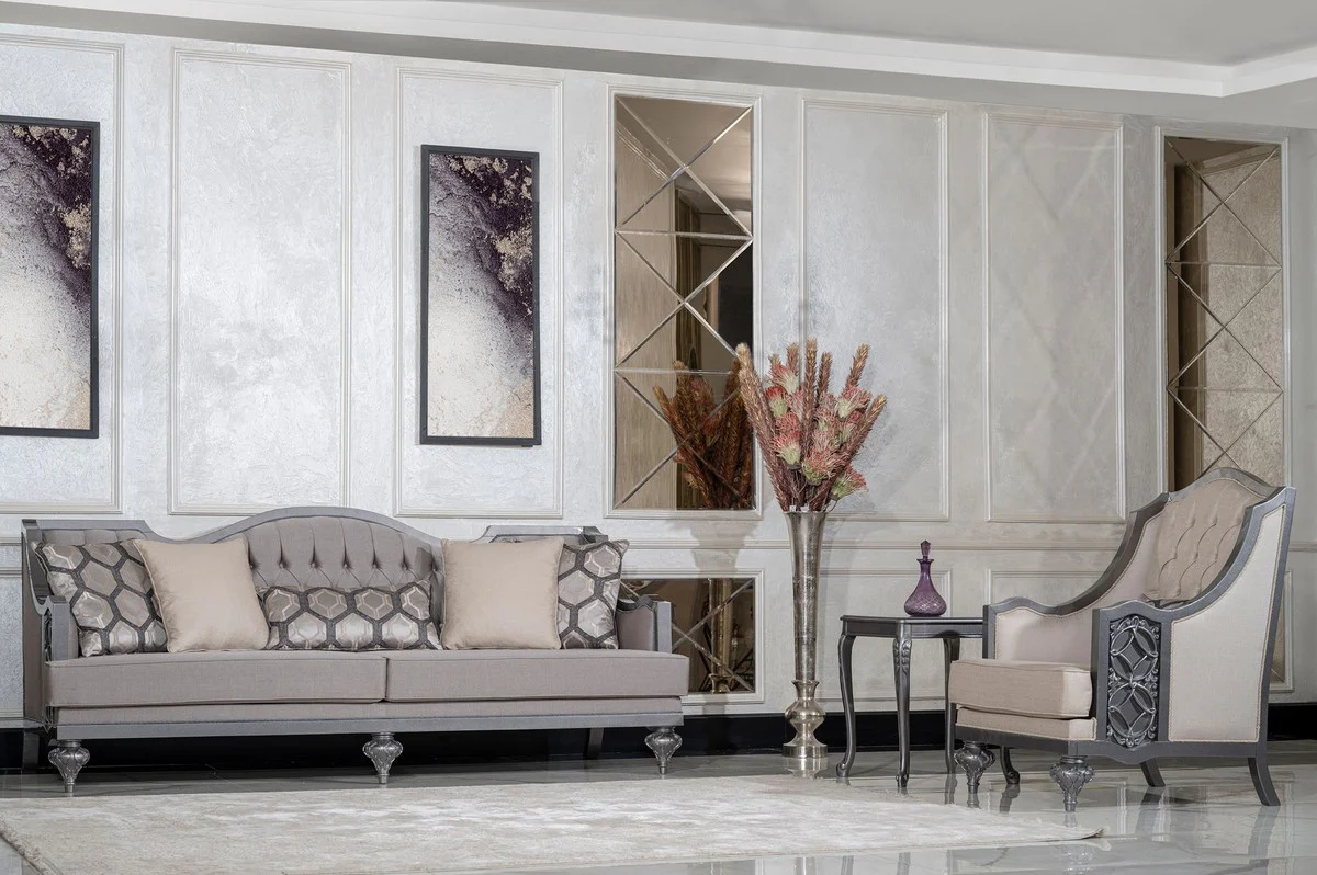 Luxury Baroque Living Room Sofa Gray / Gray - Handmade Baroque Style Sofa with Decorative Pillows - Luxury Living Room Furniture in Baroque Style - Baroque Furniture