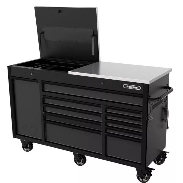 W 11-DRAWER, DEEP TOOL CHEST MOBILE WORKBENCH IN MATTE BLACK MIT FLIP-TOP STAINLESS STEEL TOP