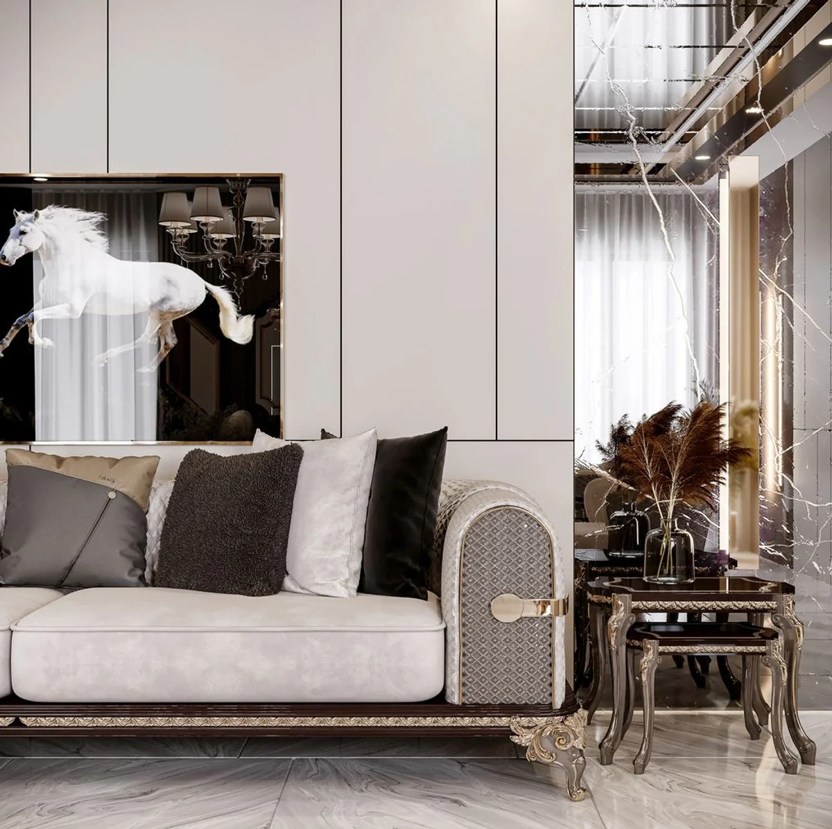 Luxury Baroque Sofa Cream / Gray / Dark Brown / Gold