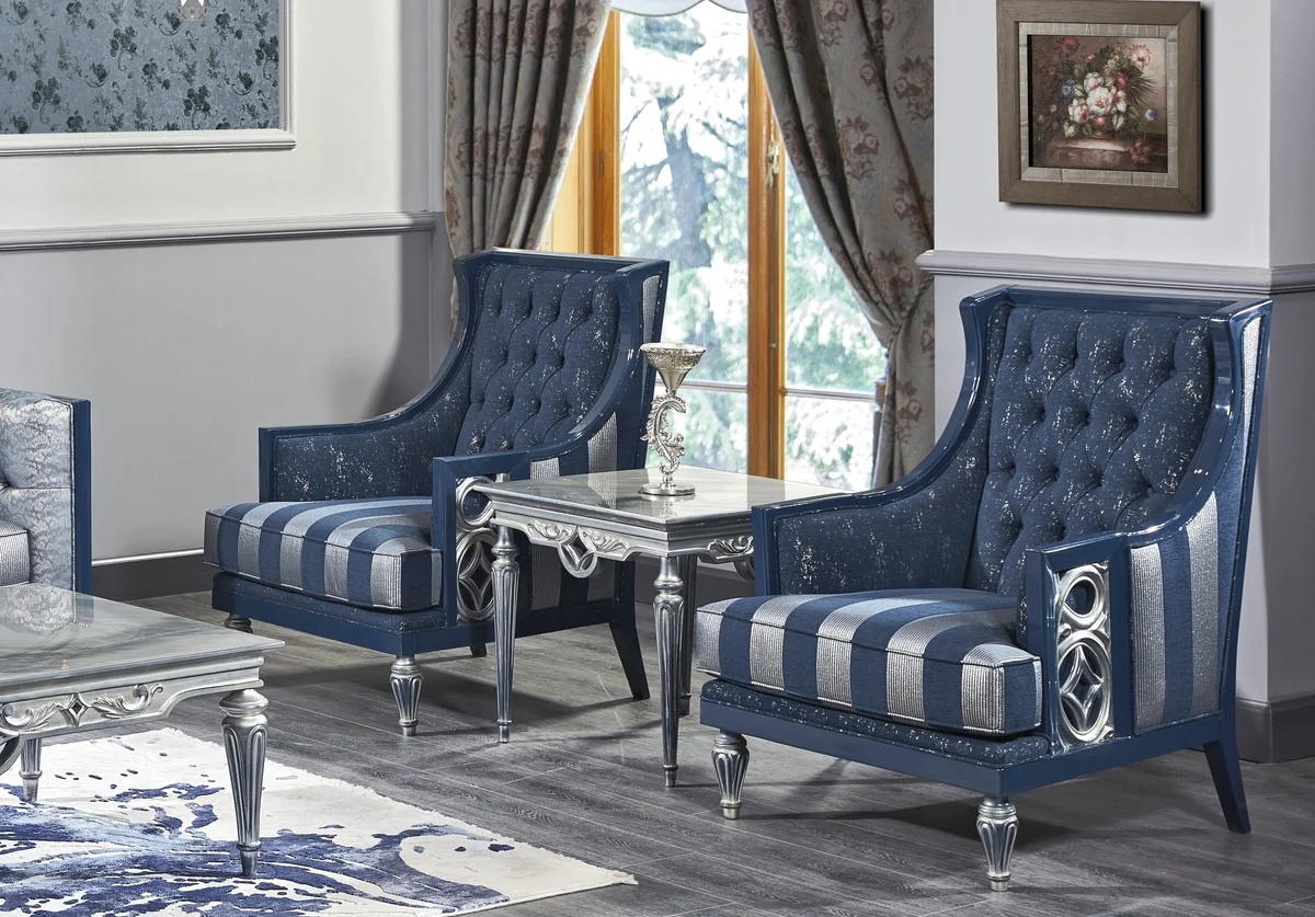 Luxury Baroque Living Room Set Dark Blue / Light Blue / Silver - Sofa & 2 Armchairs & Coffee Table - Baroque Living Room Furniture