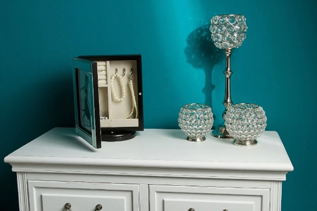 Luxury jewelry cabinet black / cream / silver 20 x 15 x H. 27 cm - Small jewelry cabinet with photo frame, mirror door and rotating base