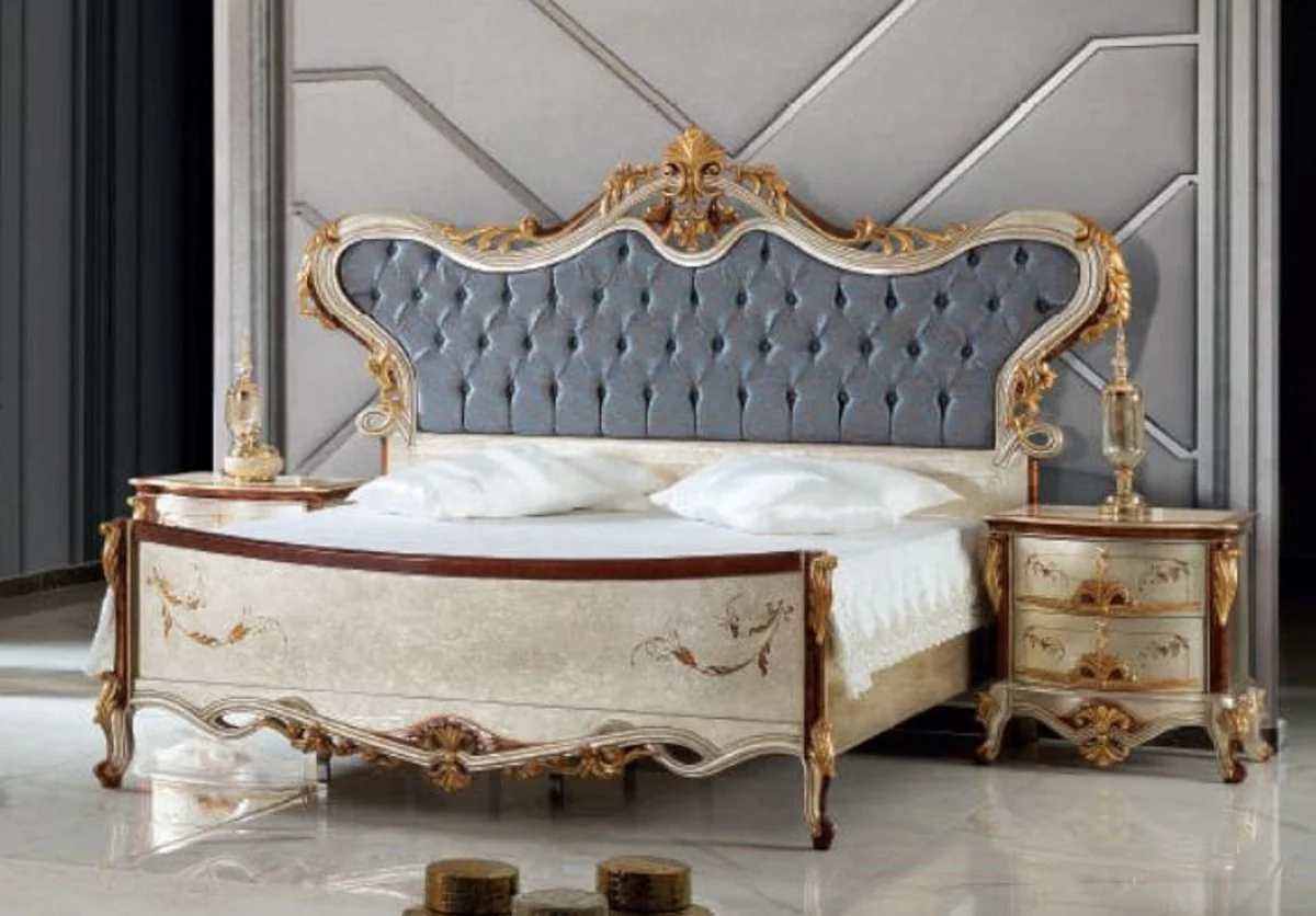 Luxury baroque bedroom set blue / silver - 1 double bed with headboard & 2 bedside tables - bedroom furniture in baroque style - noble and magnificent