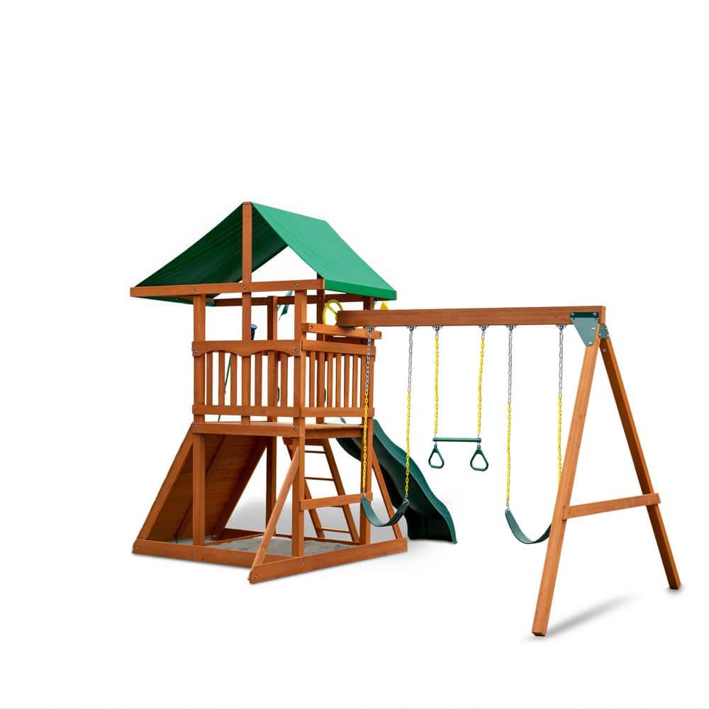 DYI Outing III Wooden Outdoor-Spielset mit Tarpdach, Rock Wall, Wave Slide, Swings und Backyard Swing Set Zubehör
