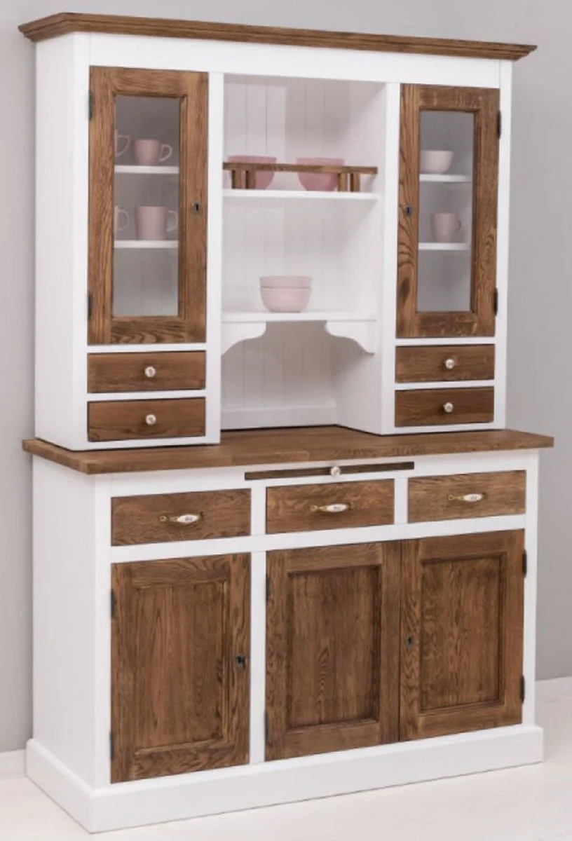 Country house style dining room cabinet white / dark brown 137 x 50 x H. 197 cm - solid wood kitchen cabinet - dining room furniture in country house style - country house style dining room furnishings