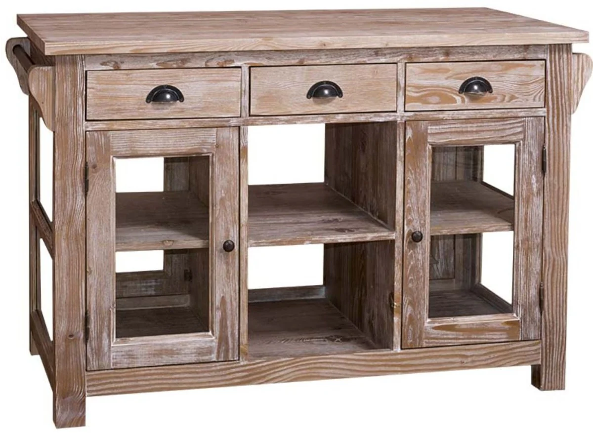 Country house style kitchen island natural colors 135 x 65 x H. 90 cm - country house style kitchen cabinet with 4 glass doors and 6 drawers