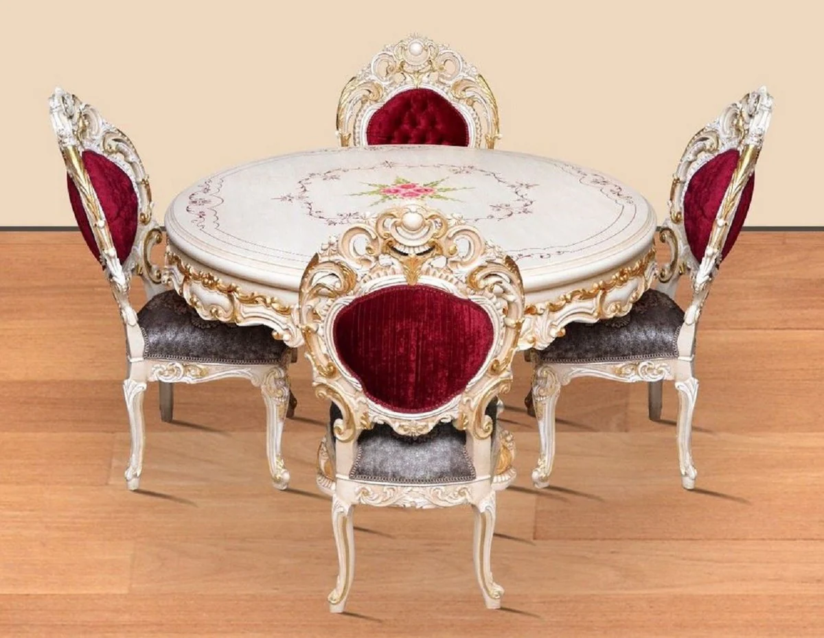Baroque dining room set Bordeaux red / gray / white / gold - 1 round dining table & 4 dining chairs - Magnificent dining room furniture in the baroque style