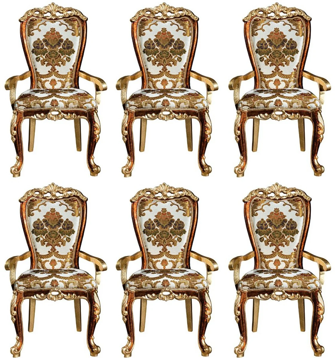 Luxury baroque dining room chair set with armrests and elegant pattern 57 x 54 x H. 115 cm - Elegant kitchen chairs set of 6 in baroque style - Baroque dining room furniture